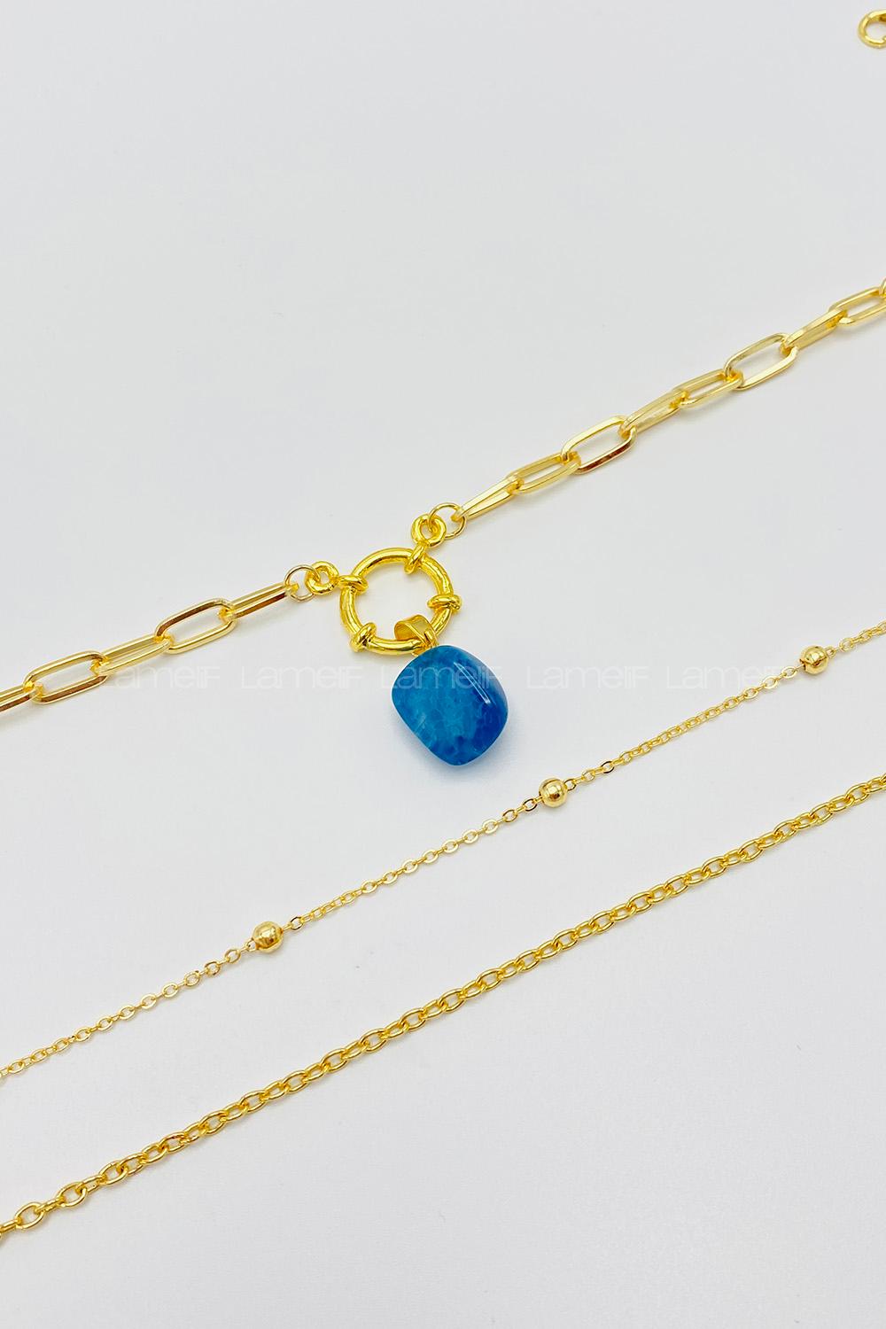 Lamelif 3Lü Kombin Mavi Doğal Taş Detaylı Set Kolye