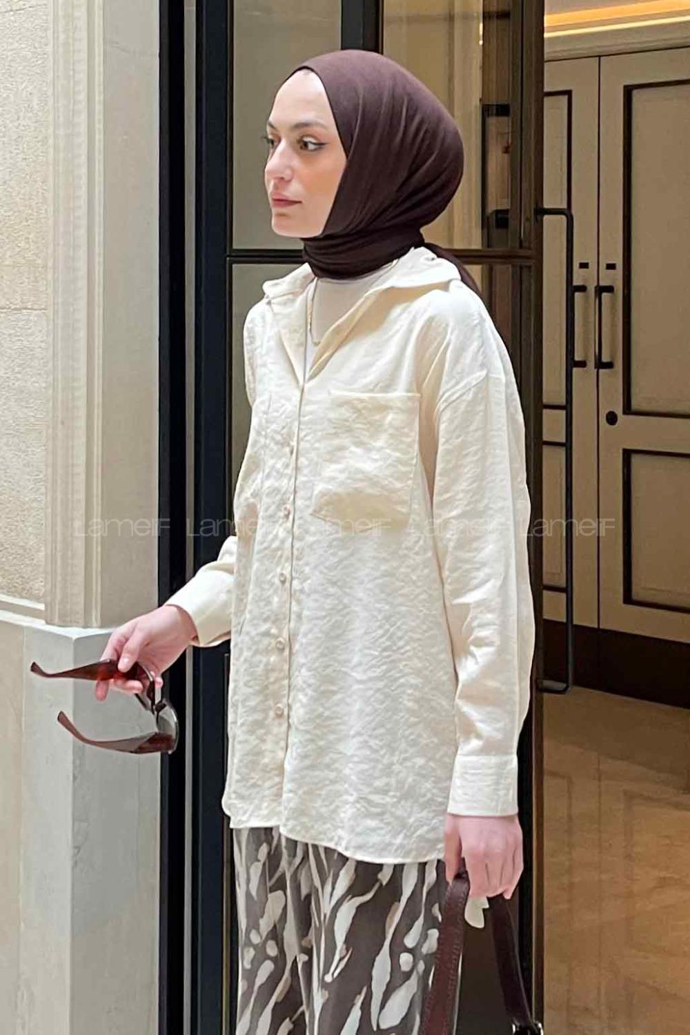 Cream Shirt Collar Long Arm Viscose Fabric Shirt