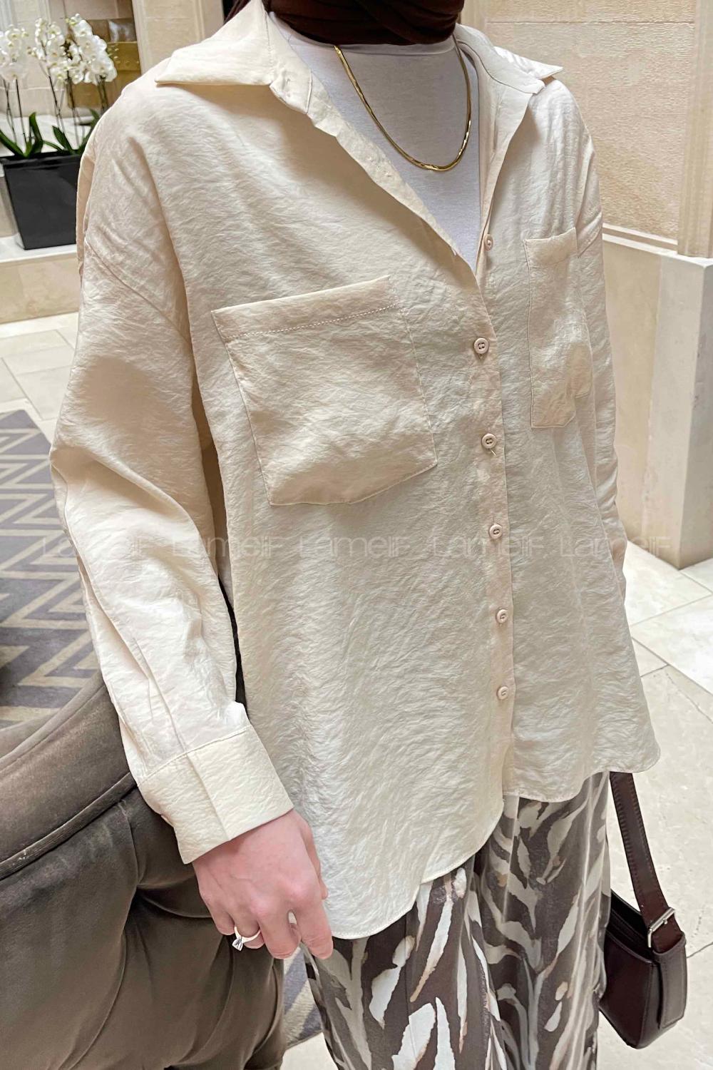 Cream Shirt Collar Long Arm Viscose Fabric Shirt