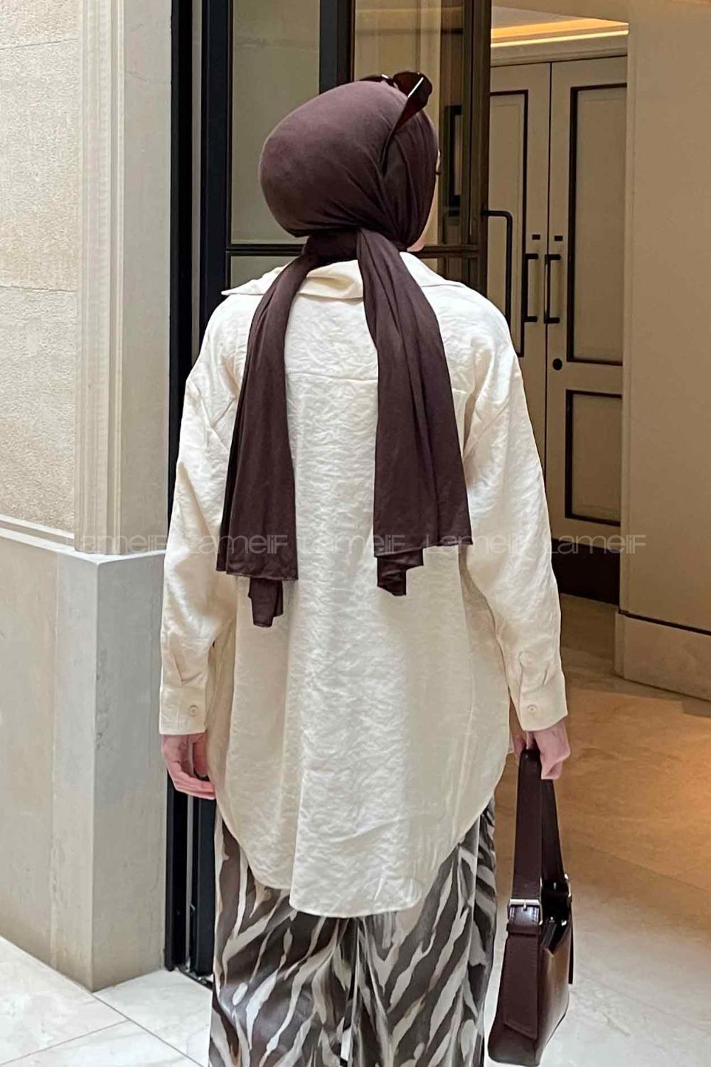 Cream Shirt Collar Long Arm Viscose Fabric Shirt