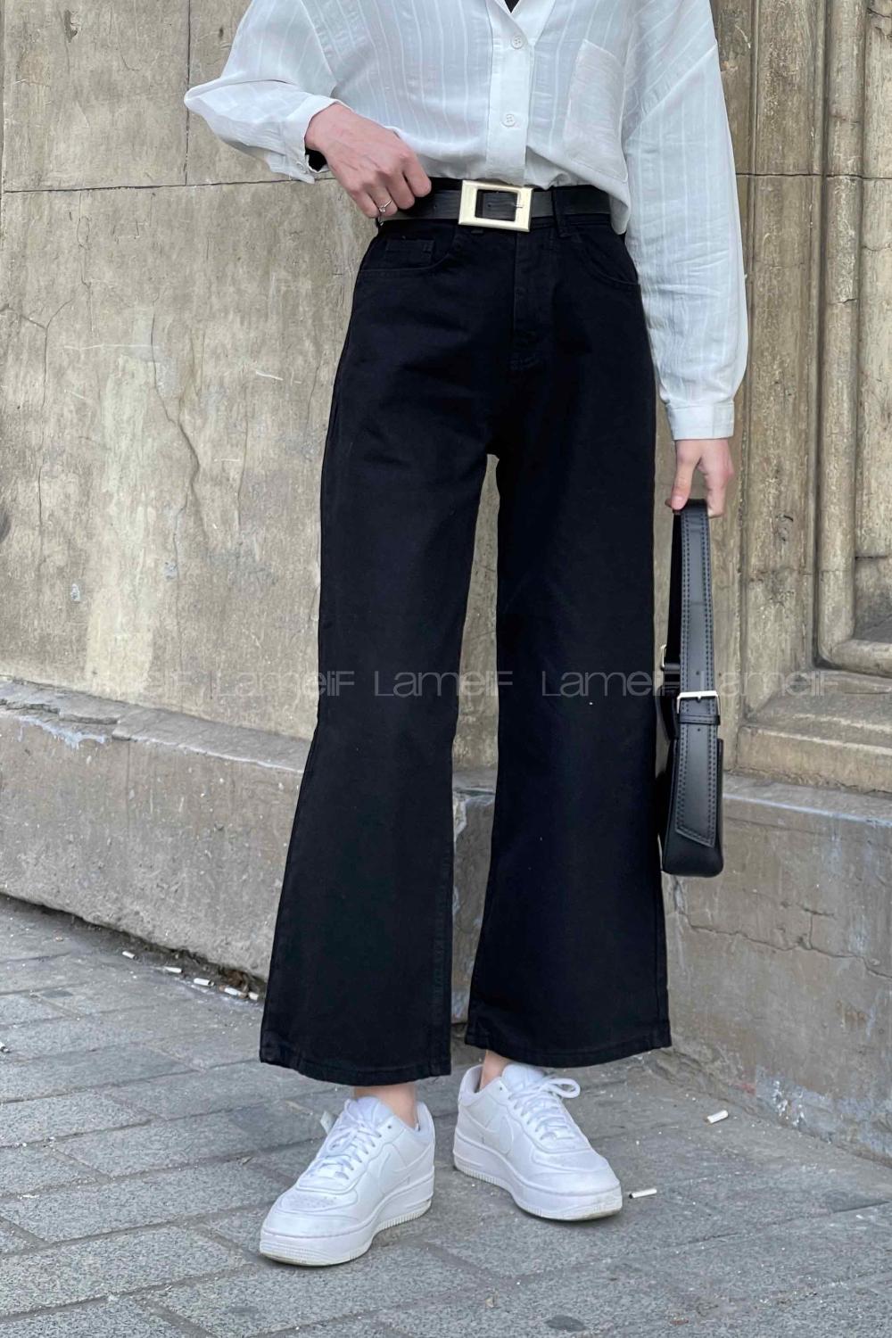 Lamelif  Midi Boy Bol Paça Pantolon Siyah