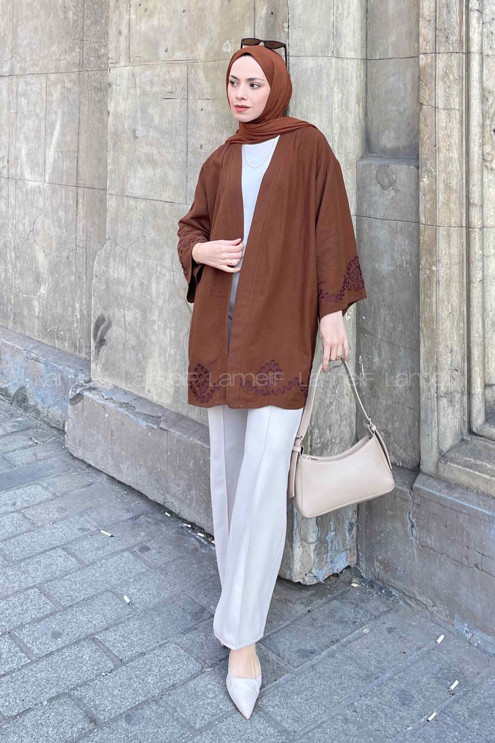 Bitter Brown Bat Sleeve Arm Linen Printed Kimono