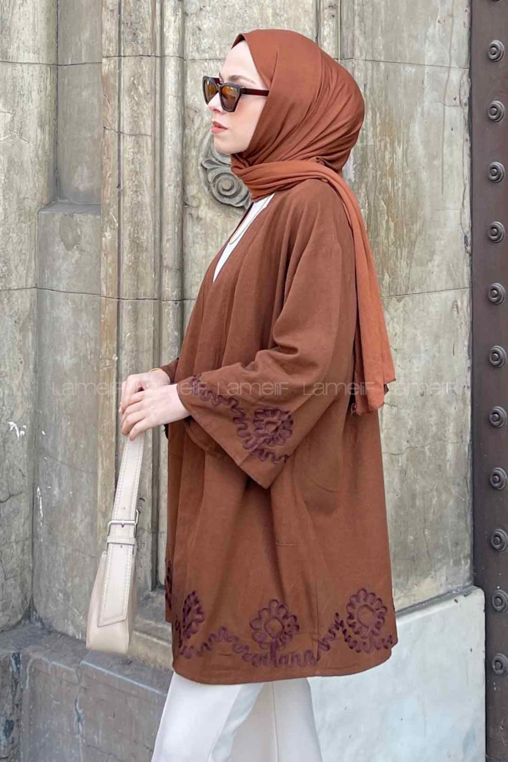 Bitter Brown Bat Sleeve Arm Linen Printed Kimono