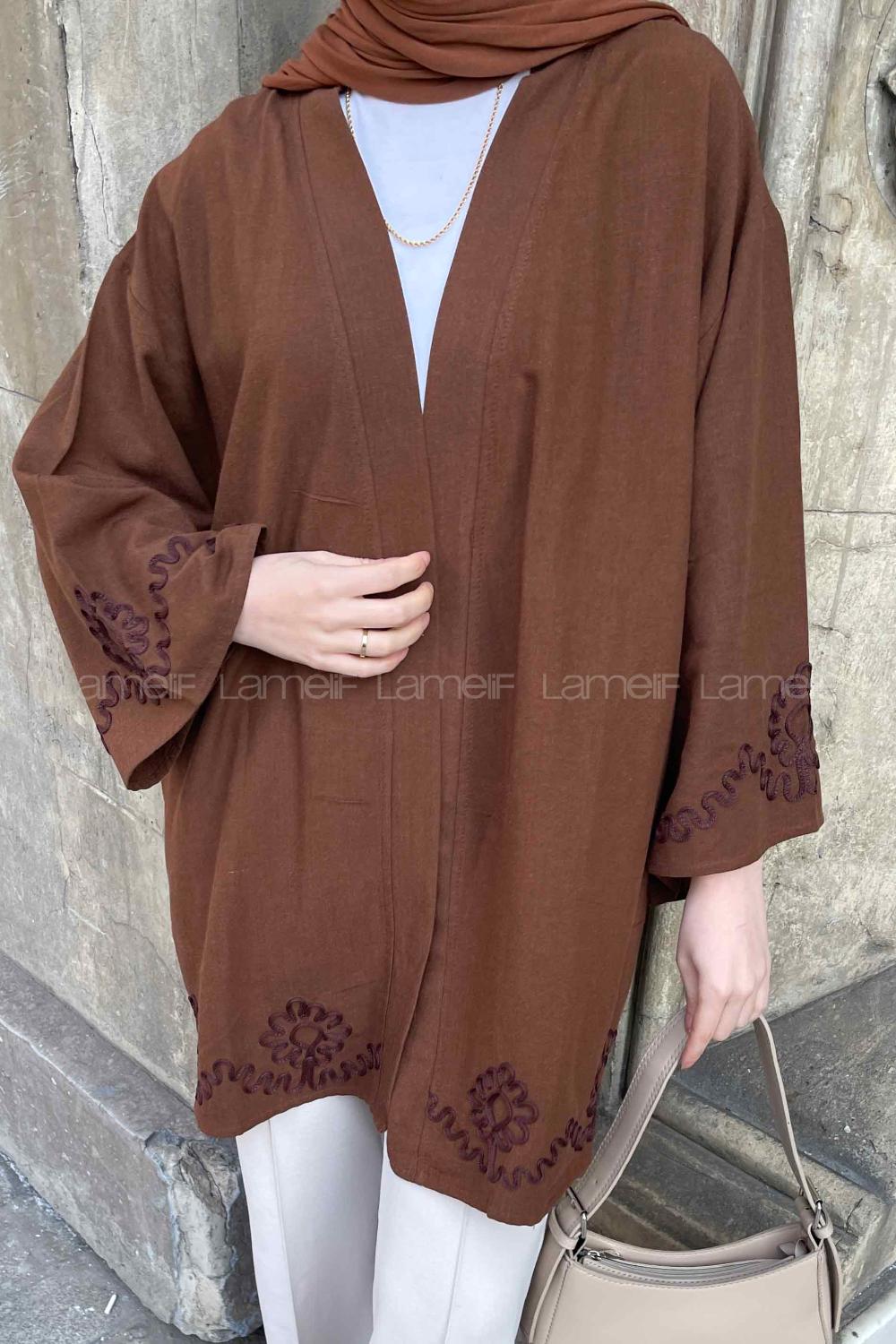 Bitter Brown Bat Sleeve Arm Linen Printed Kimono