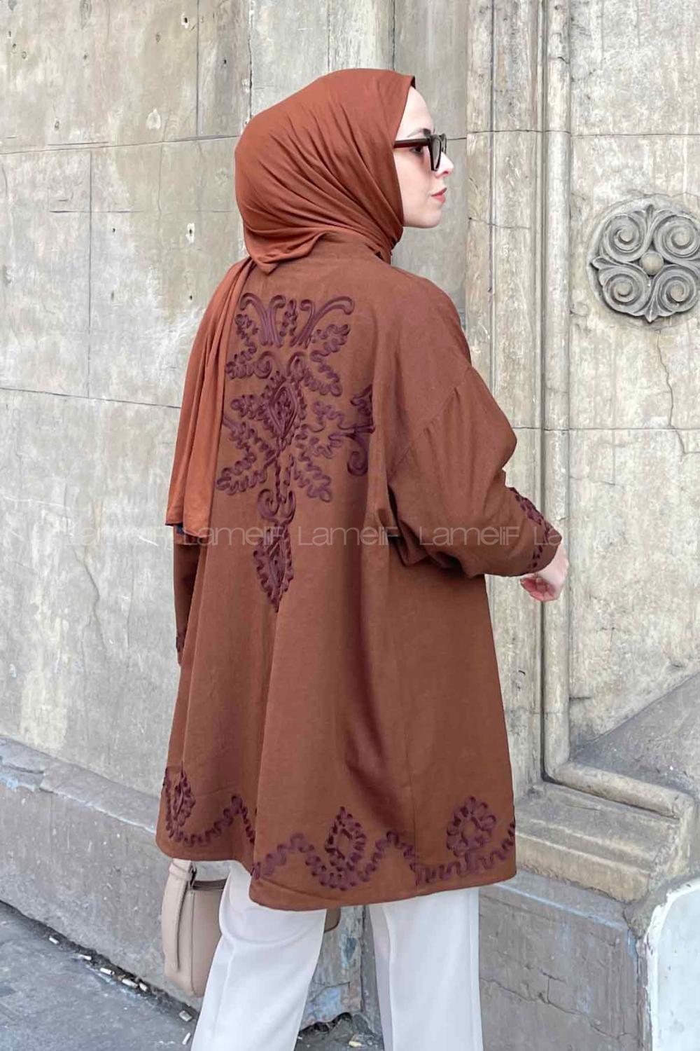 Bitter Brown Bat Sleeve Arm Linen Printed Kimono