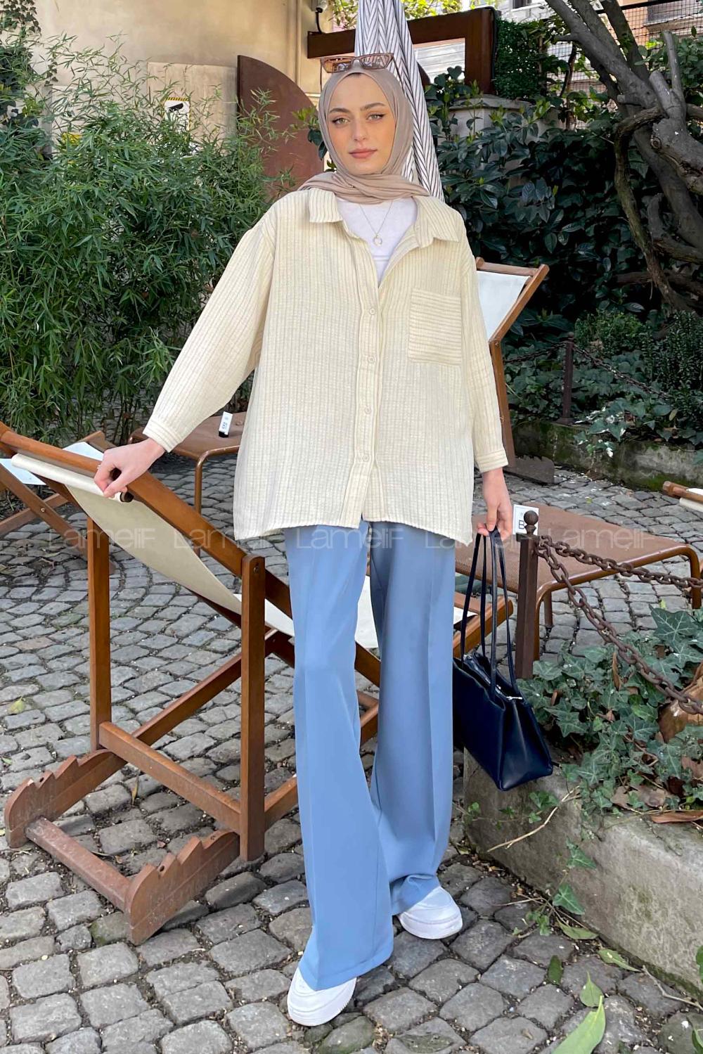 Lamelif Tek Cep Çizgili Oversize Gömlek Mavi