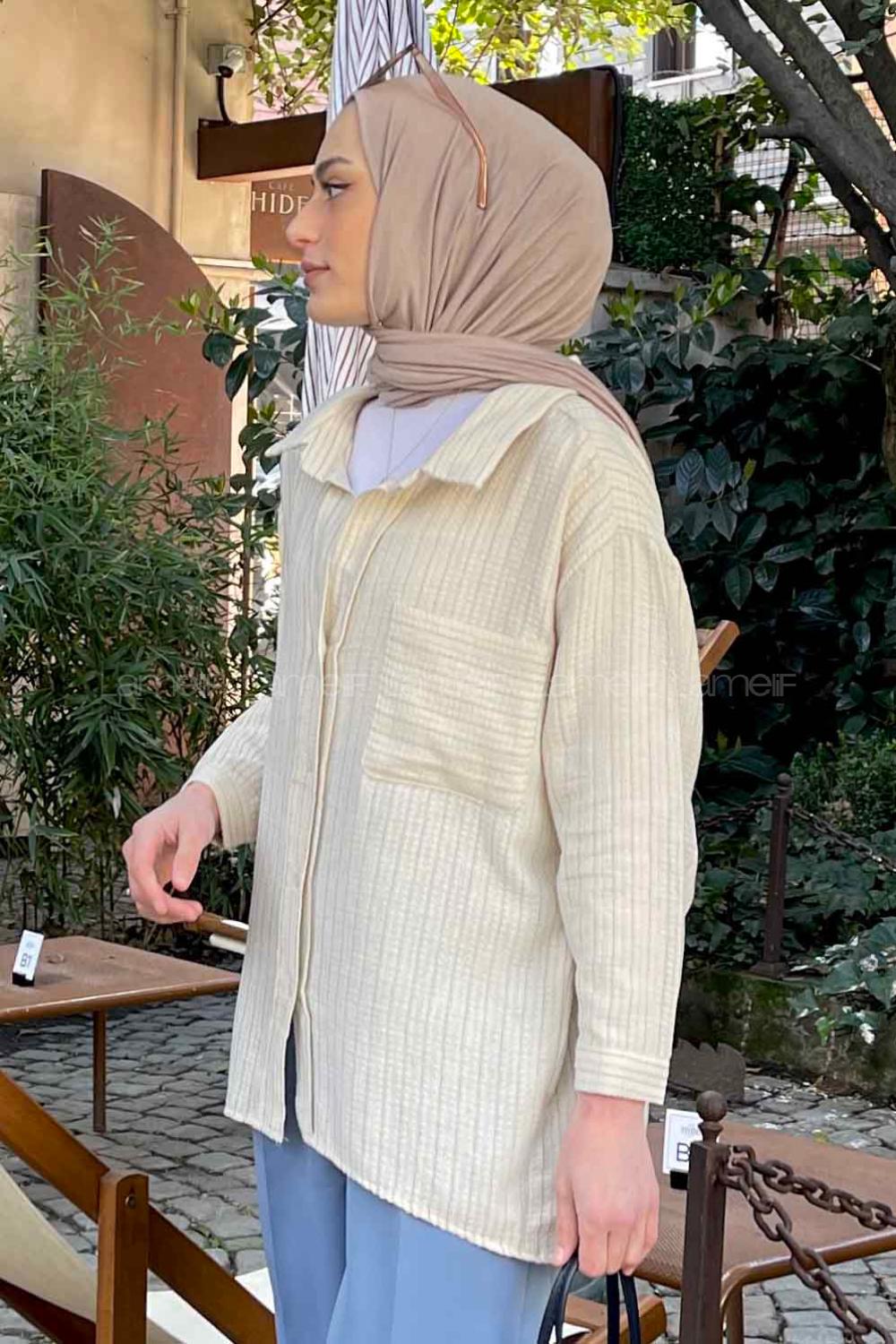 Lamelif Tek Cep Çizgili Oversize Gömlek Mavi