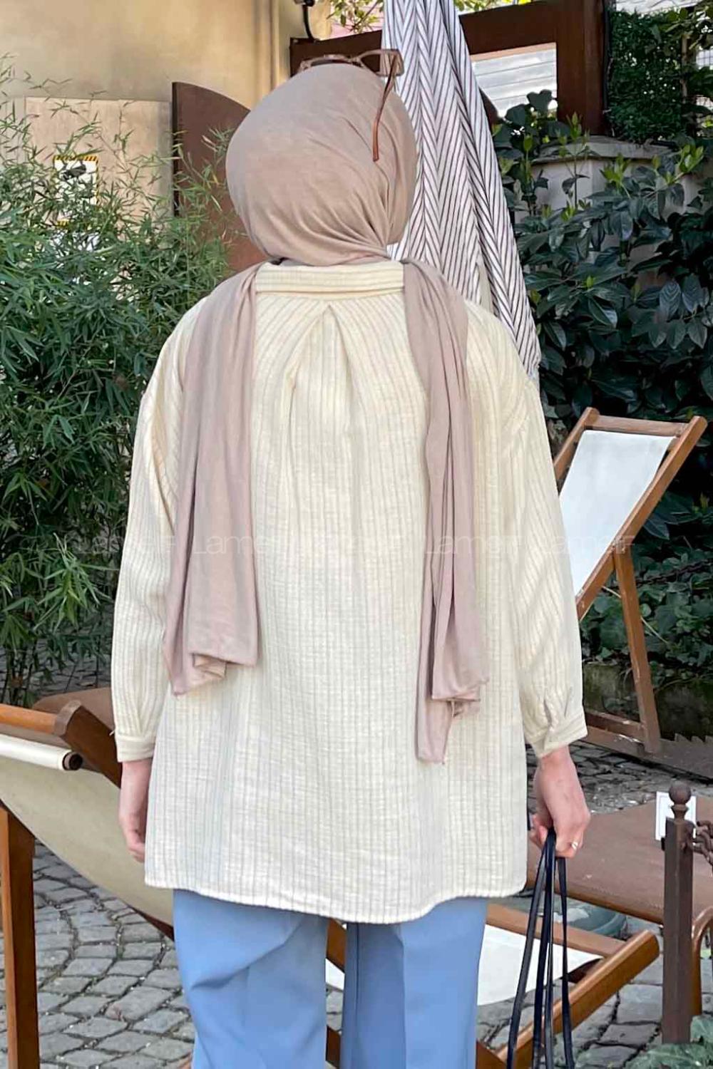 Lamelif Tek Cep Çizgili Oversize Gömlek Mavi