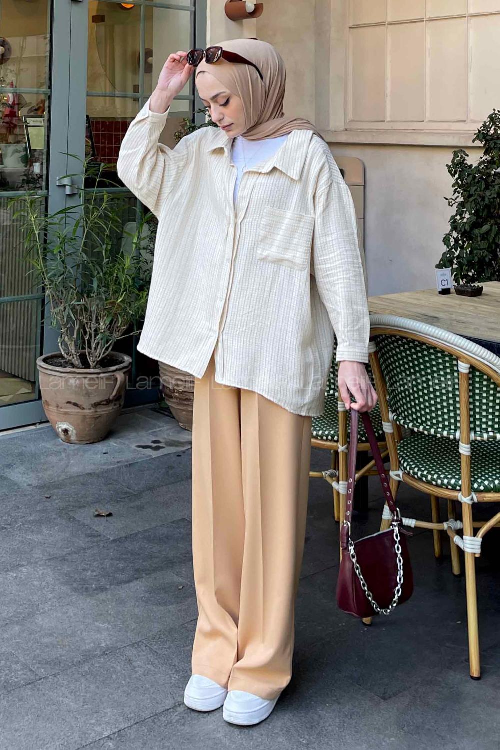 Brown With Milk Shirt Collar Long Arm Viscose Fabric Unprinted Shirt