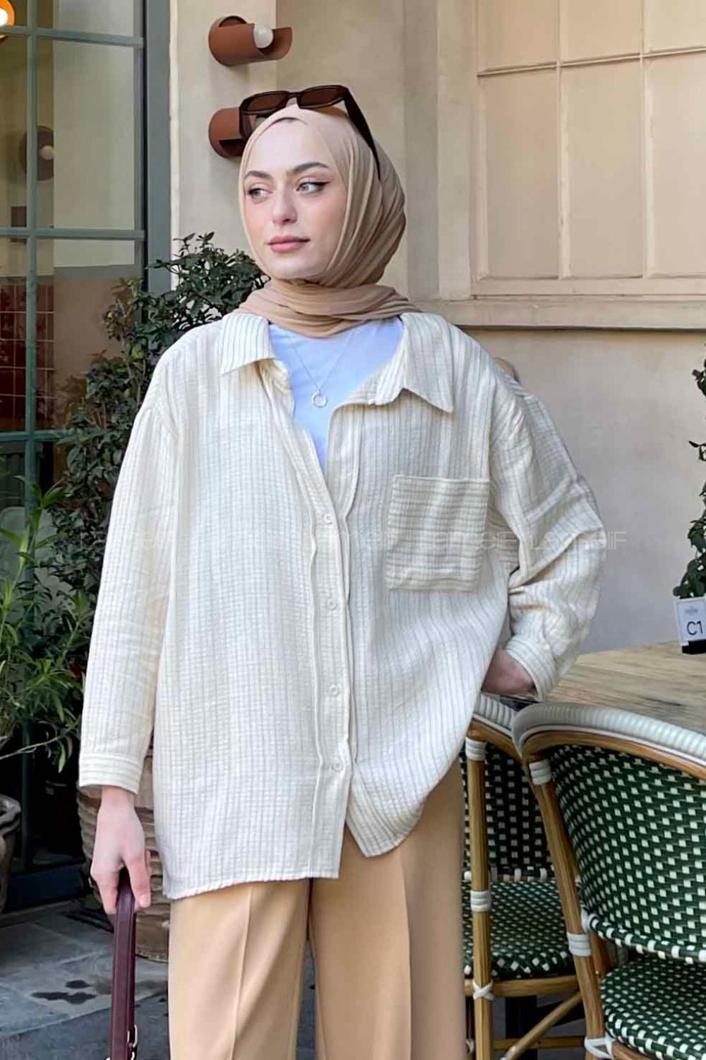 Brown With Milk Shirt Collar Long Arm Viscose Fabric Unprinted Shirt