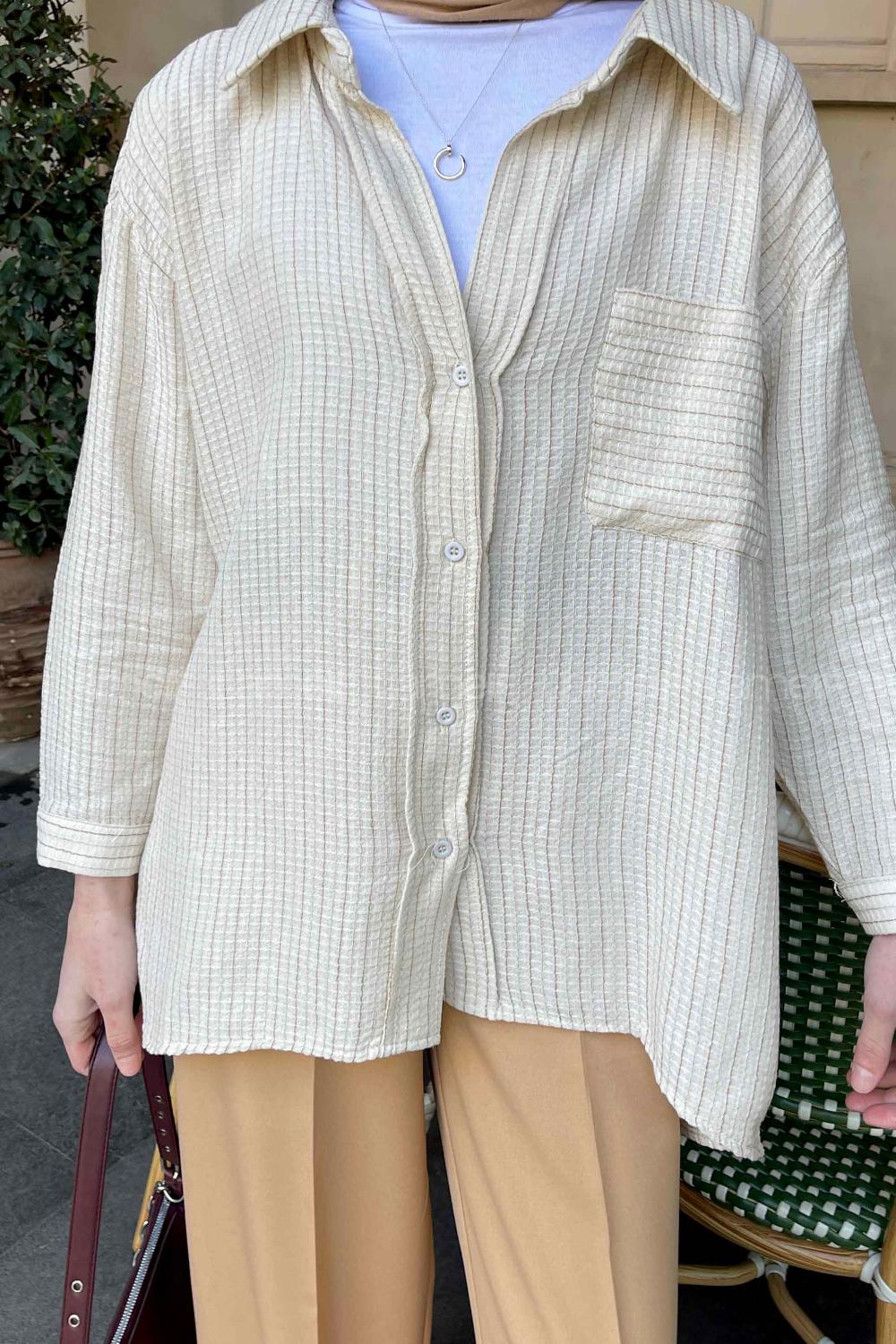 Brown With Milk Shirt Collar Long Arm Viscose Fabric Unprinted Shirt