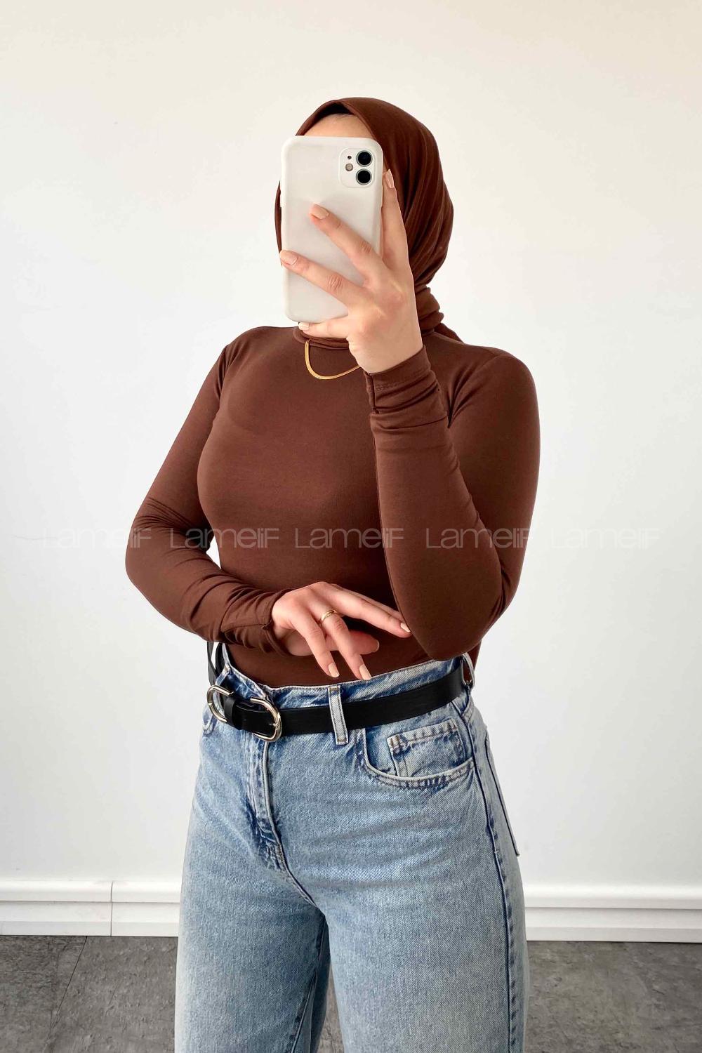 Lamelif Bisiklet Yaka Pamuklu Body Kahverengi