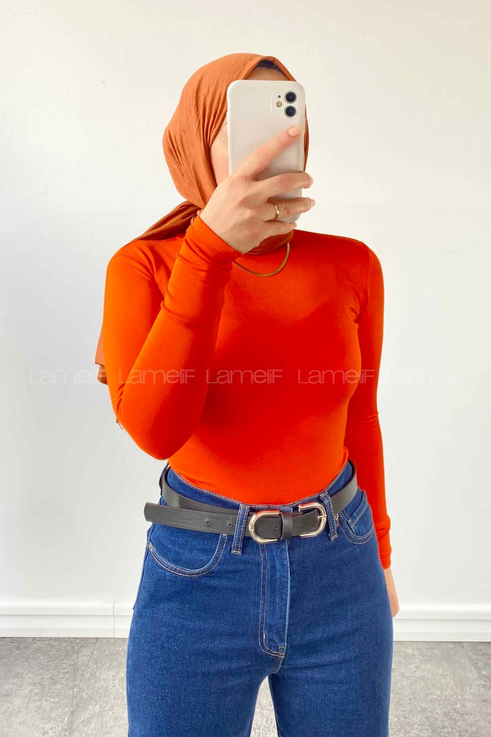 Lamelif Bisiklet Yaka Pamuklu Body Oranj