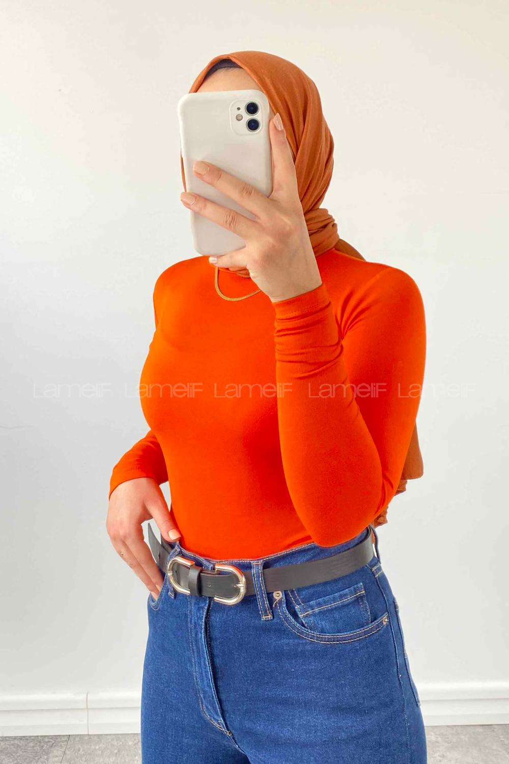 Lamelif Bisiklet Yaka Pamuklu Body Oranj