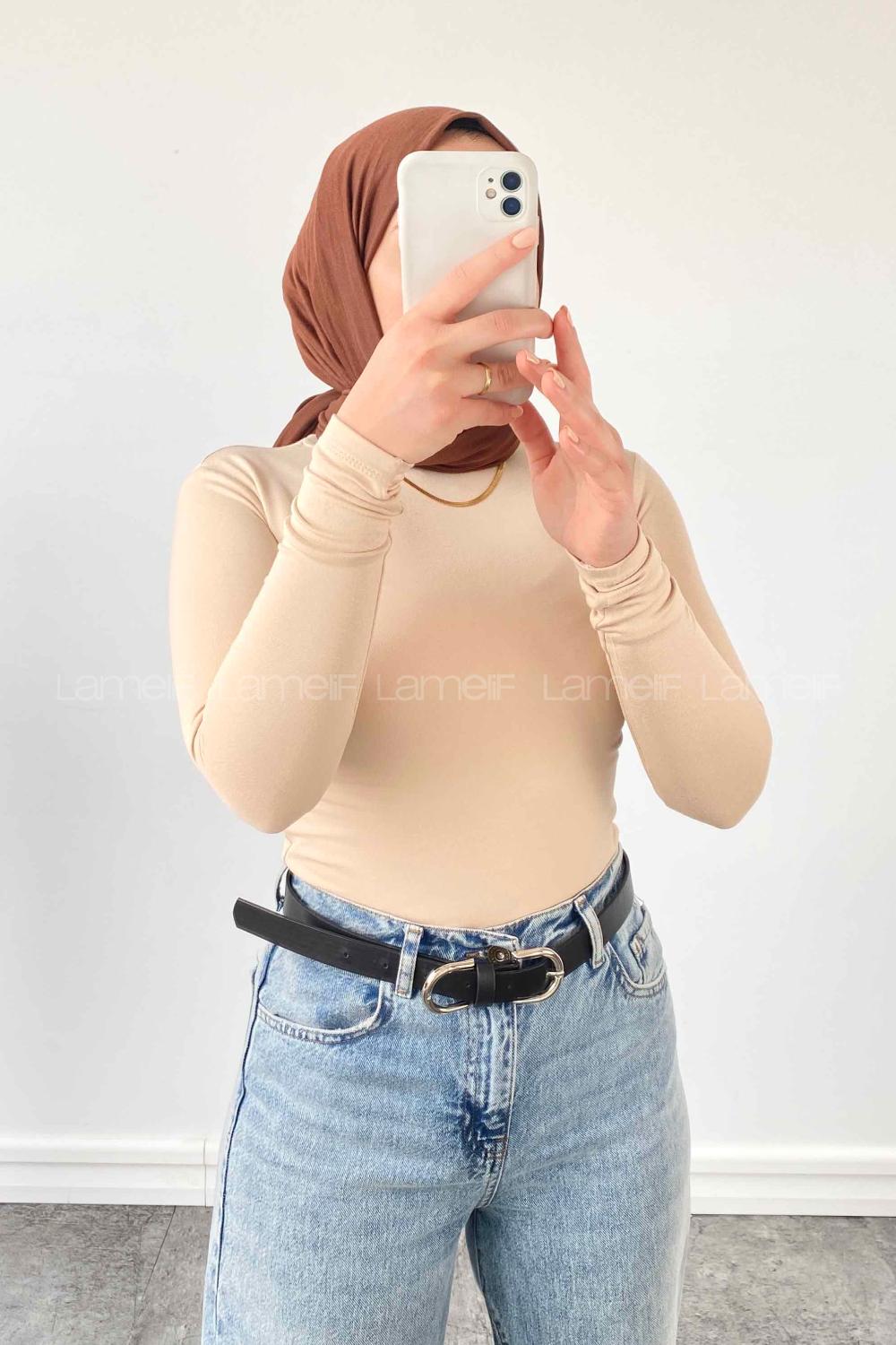 Lamelif Bisiklet Yaka Pamuklu  Body Taş Rengi