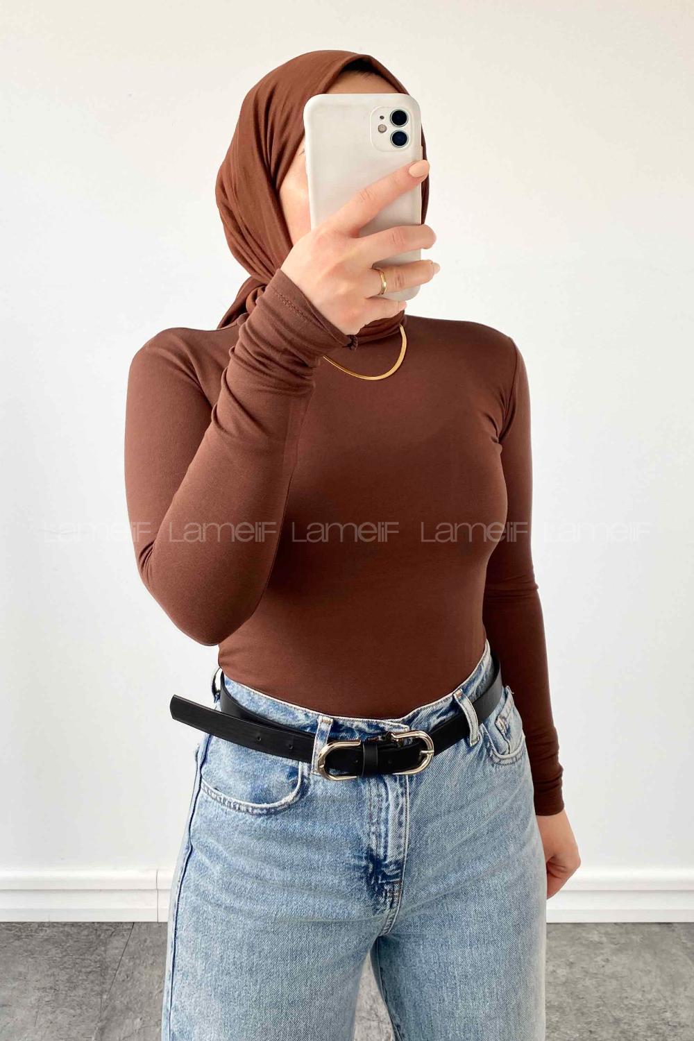 Lamelif Yarım Balıkçı Yaka Penye Body Acı Kahve