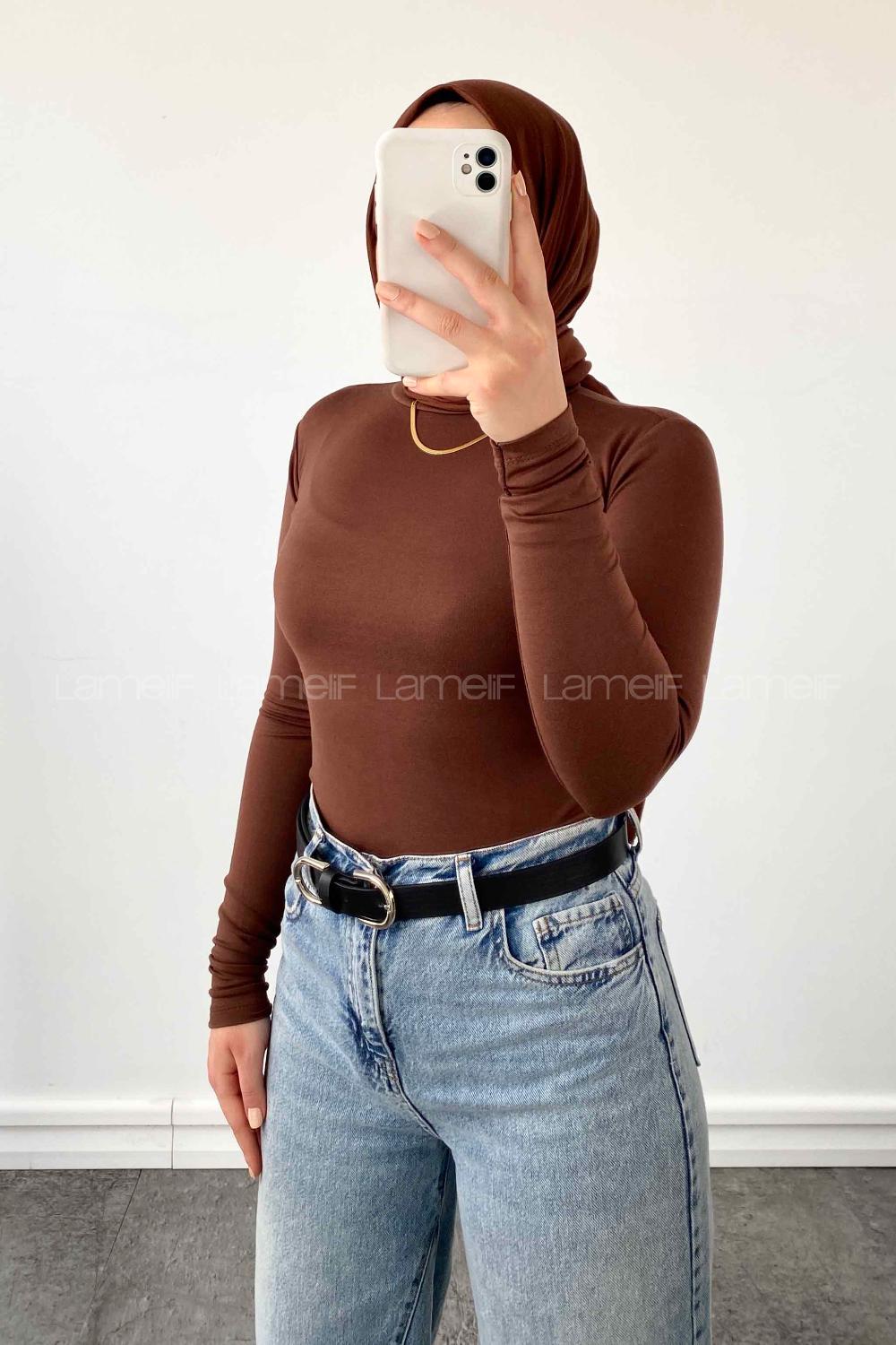 Lamelif Yarım Balıkçı Yaka Penye Body Acı Kahve