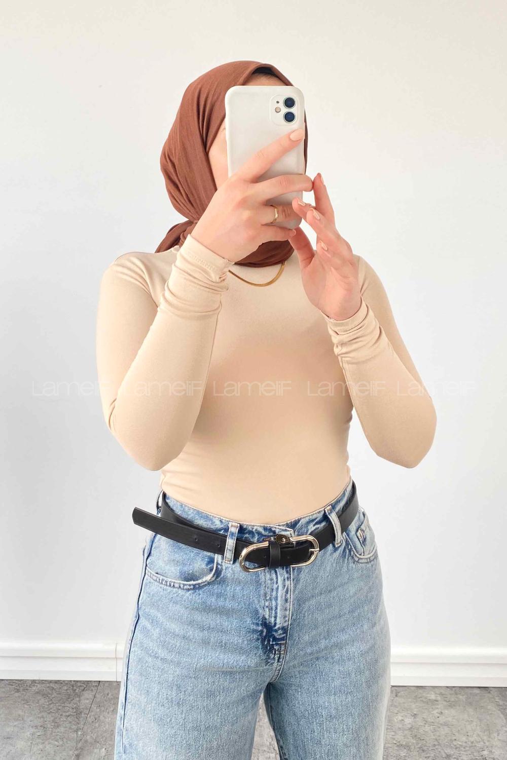 Lamelif Yarım Balıkçı Yaka Penye Body Krem