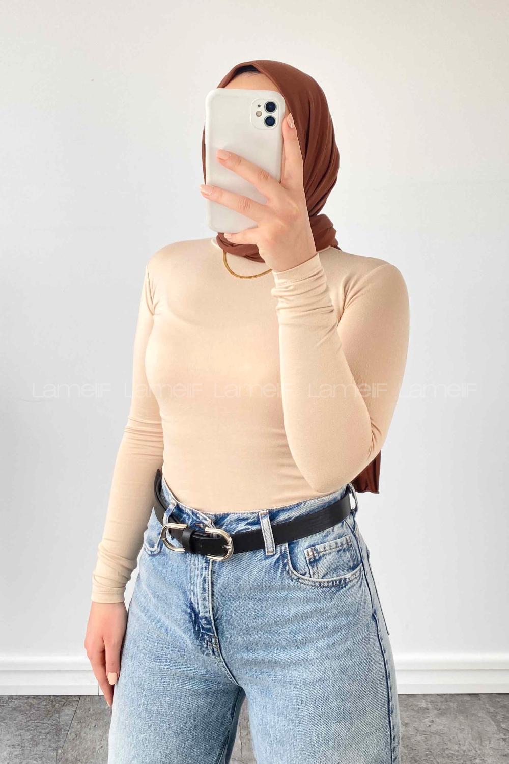 Lamelif Yarım Balıkçı Yaka Penye Body Krem