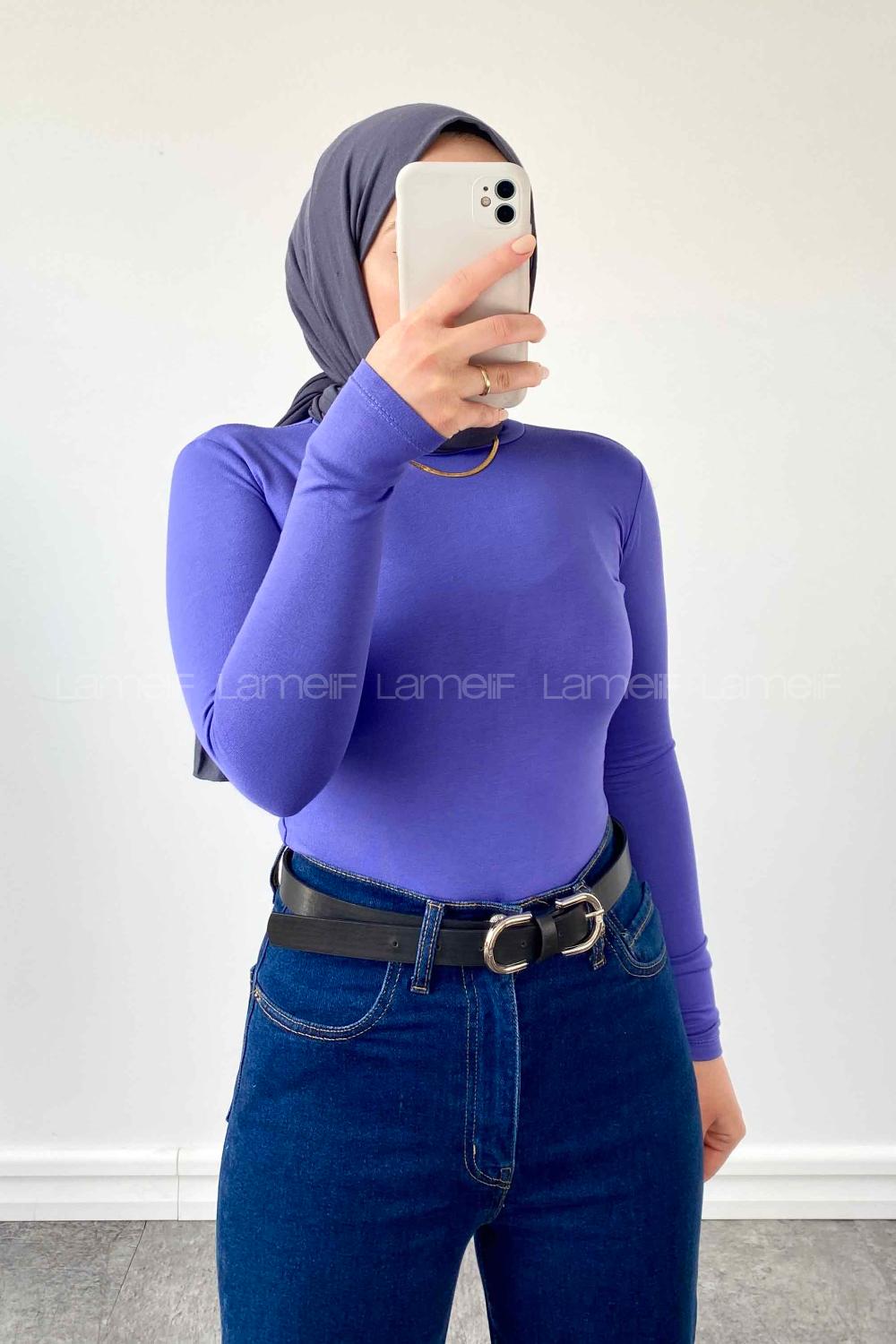 Lamelif Yarım Balıkçı Yaka Penye Body Mor