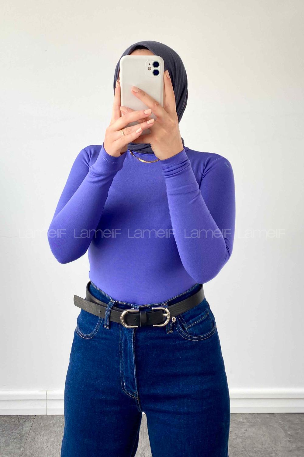 Lamelif Yarım Balıkçı Yaka Penye Body Mor