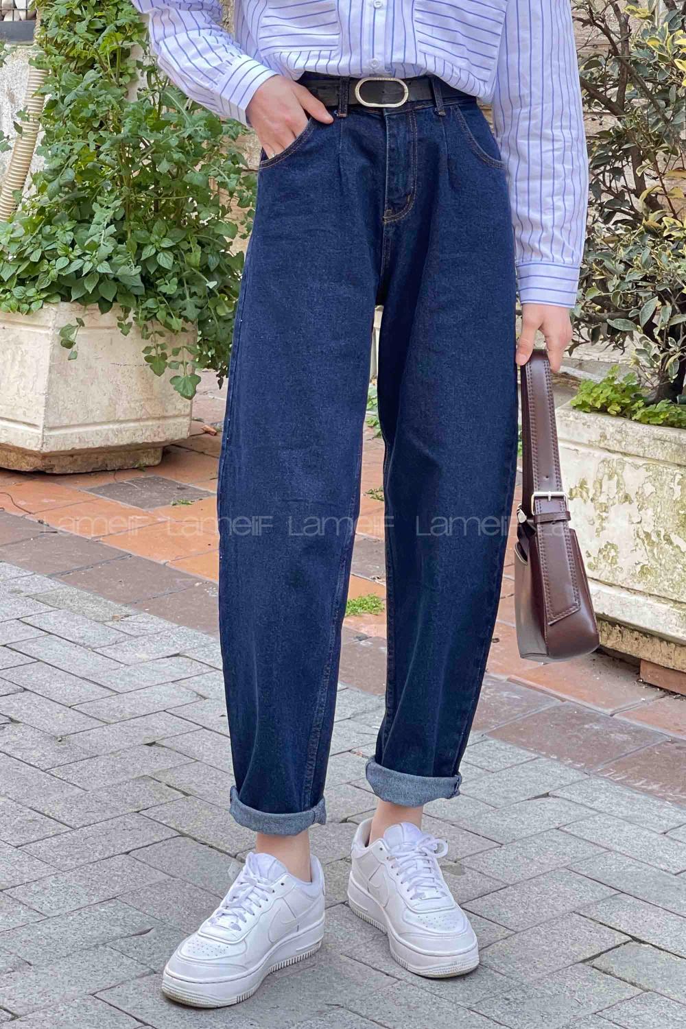 Lamelif Balon Model Bol Mom Jean Koyu Mavi