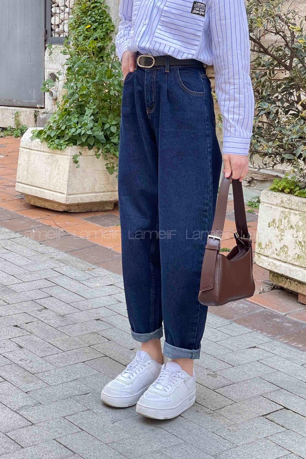 Lamelif Balon Model Bol Mom Jean Koyu Mavi