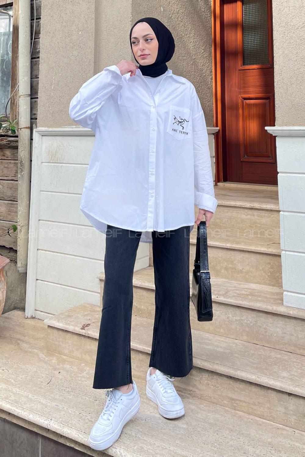 Lamelif Baskı Detaylı Gömlek Beyaz