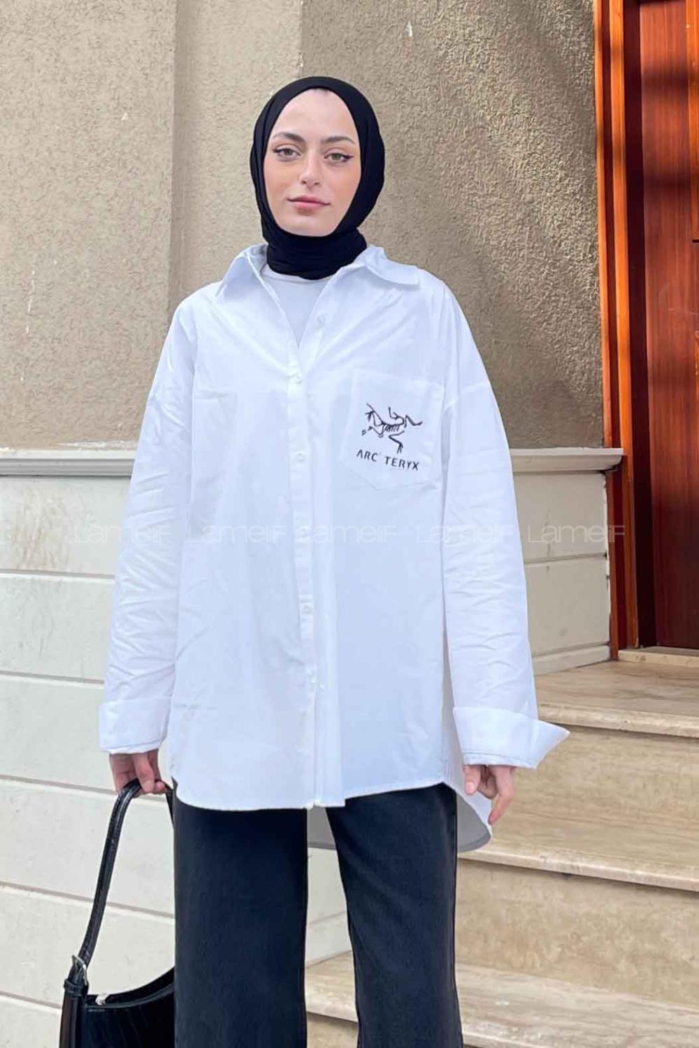 Lamelif Baskı Detaylı Gömlek Beyaz