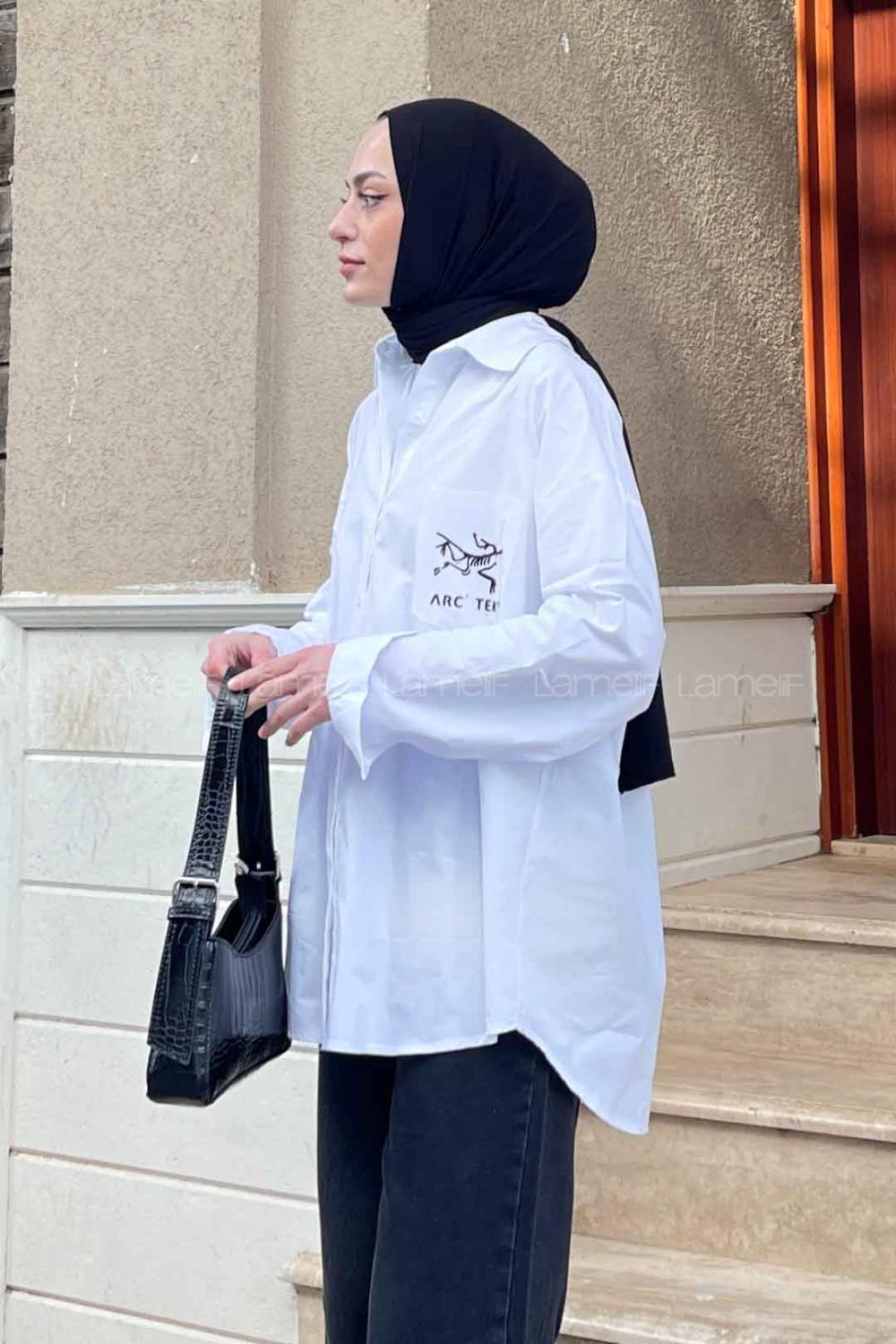 Lamelif Baskı Detaylı Gömlek Beyaz