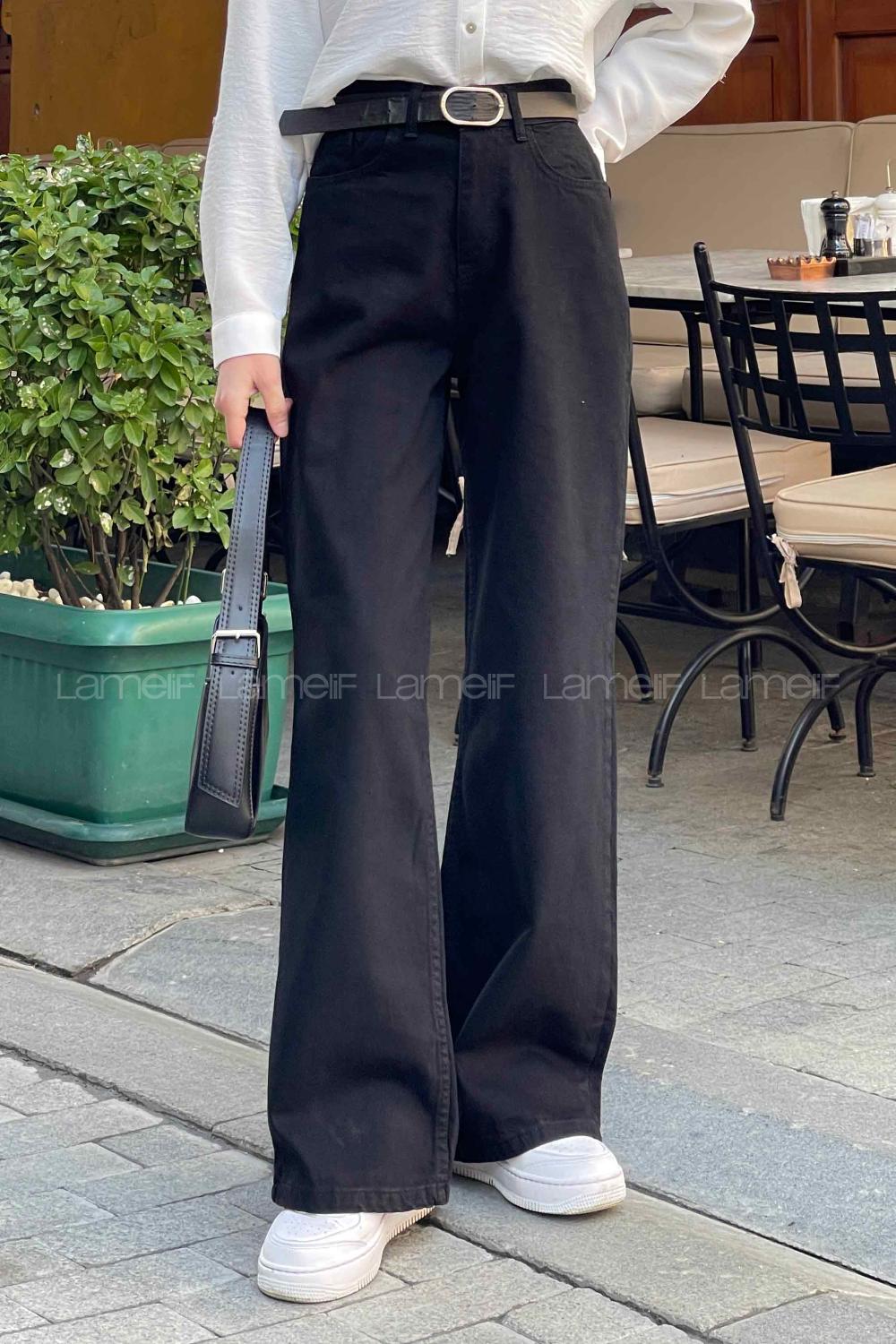 Lamelif Çift Cepli Bol Paça Pantolon Siyah