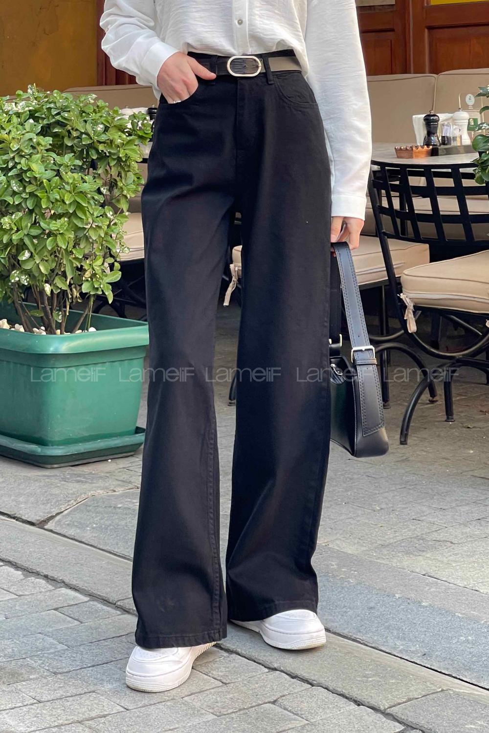 Lamelif Çift Cepli Bol Paça Pantolon Siyah