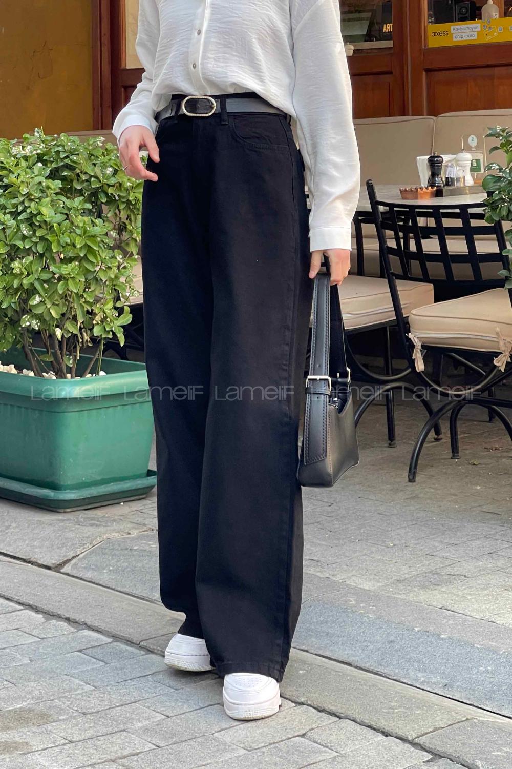 Lamelif Çift Cepli Bol Paça Pantolon Siyah