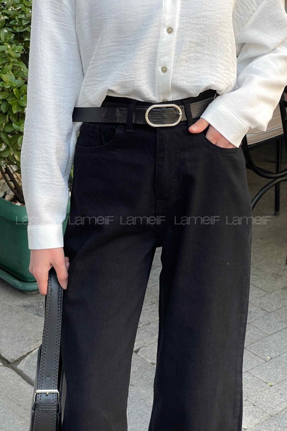 Lamelif Çift Cepli Bol Paça Pantolon Siyah