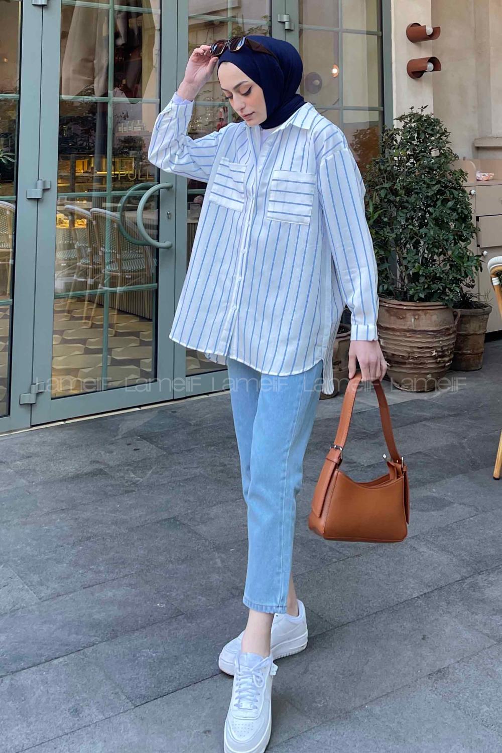 Lamelif Çizgi Desenli Cepli Gömlek Mavi