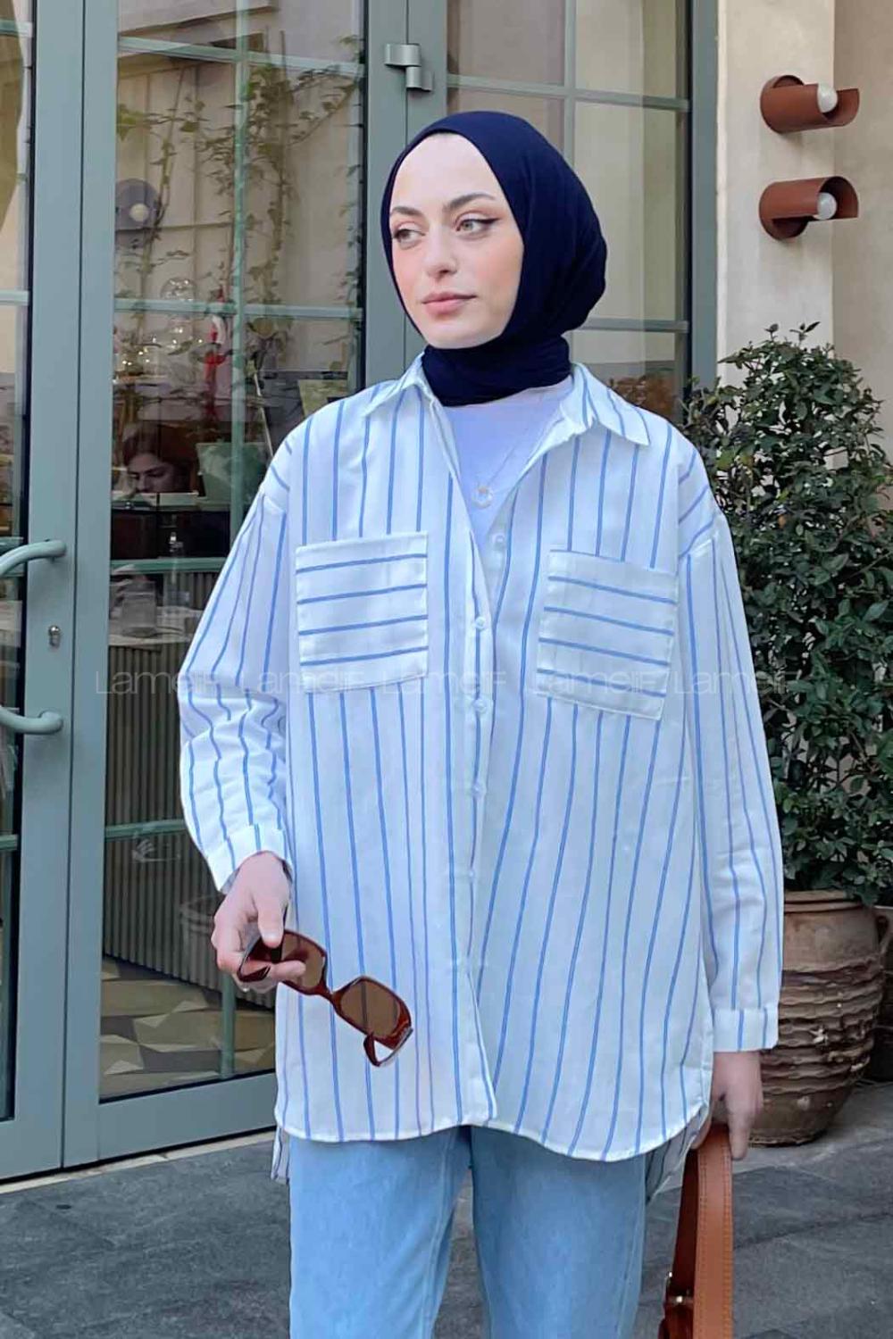 Lamelif Çizgi Desenli Cepli Gömlek Mavi