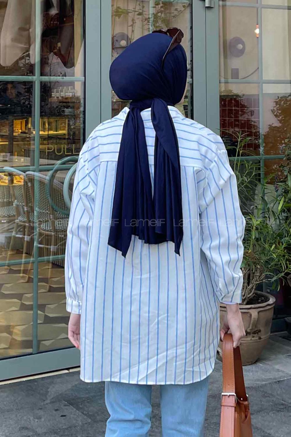 Lamelif Çizgi Desenli Cepli Gömlek Mavi