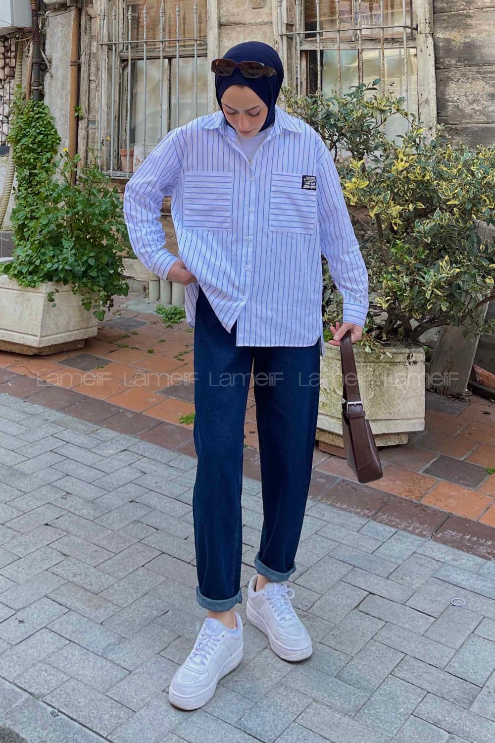 Lamelif Çizgili Arma Cep Detaylı Gömlek Beyaz