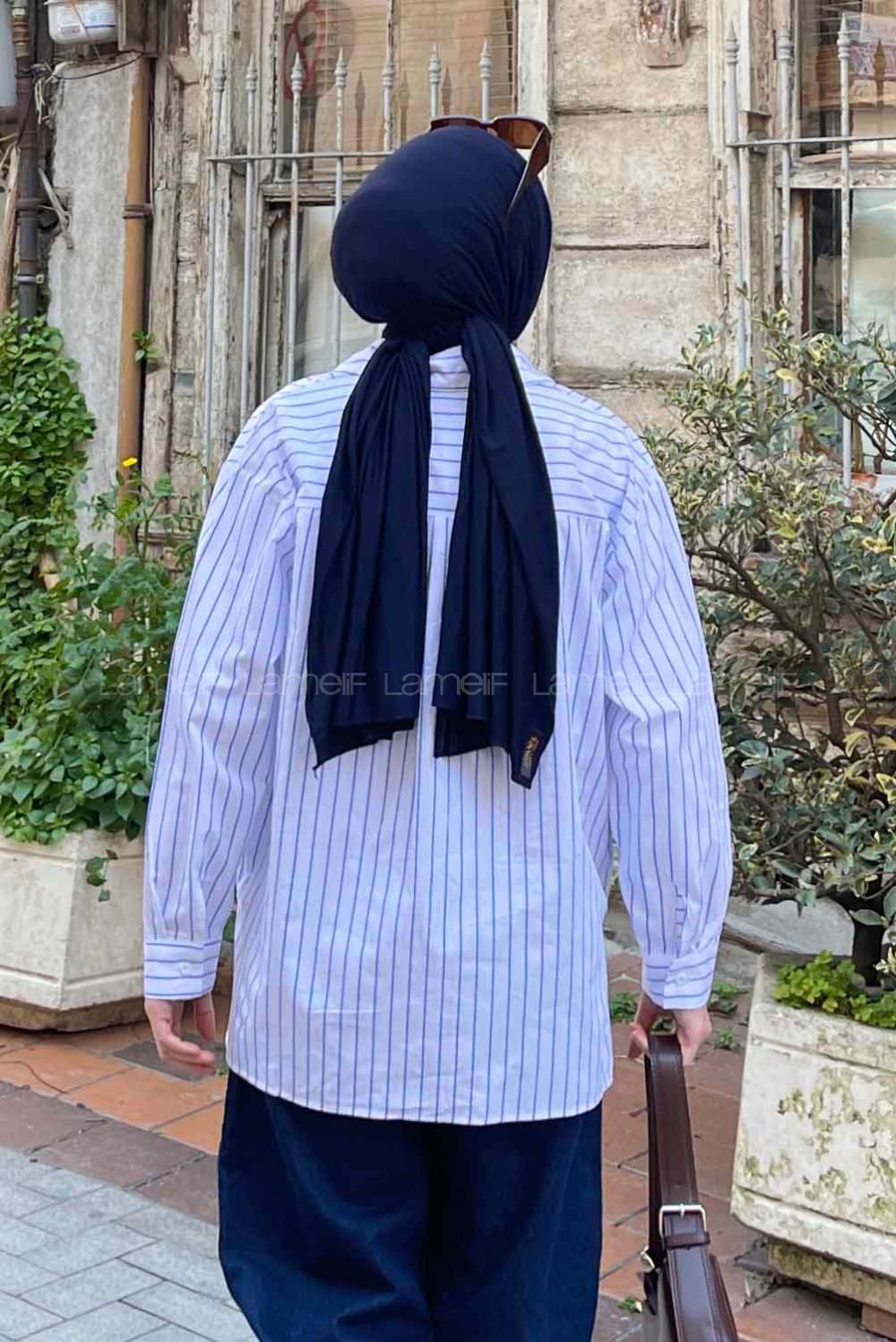 Lamelif Çizgili Arma Cep Detaylı Gömlek Beyaz