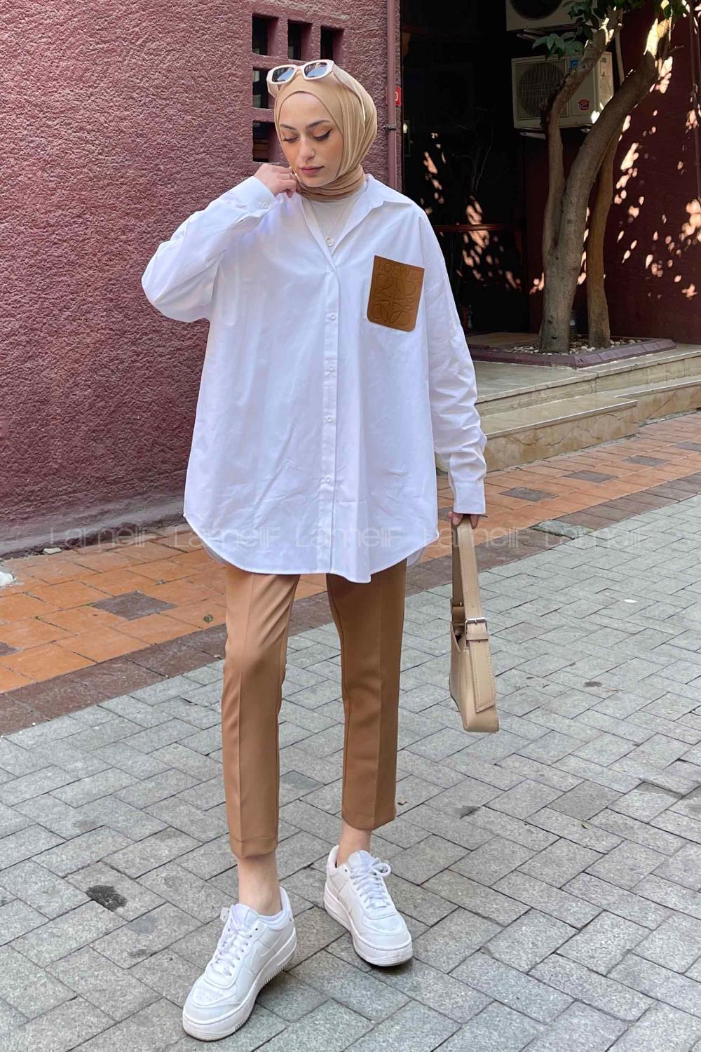 Lamelif Deri Cep Detaylı Gömlek Beyaz