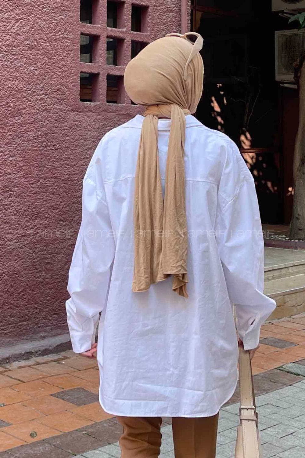 Lamelif Deri Cep Detaylı Gömlek Beyaz