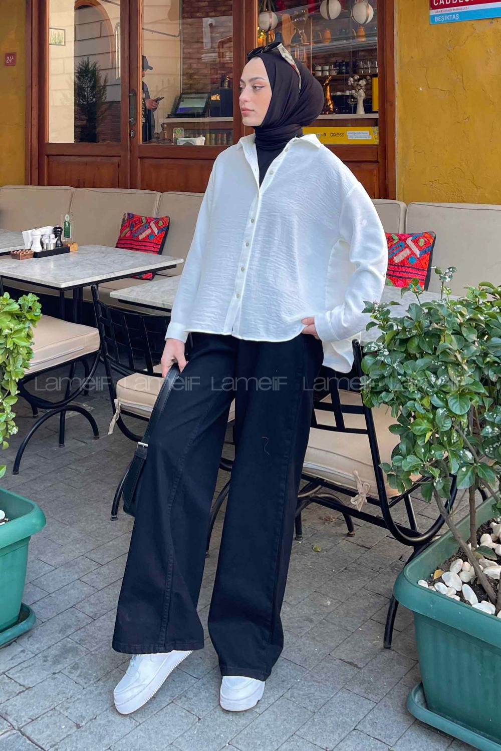 Lamelif Katlanalabilir Kol Detaylı Gömlek Ekru