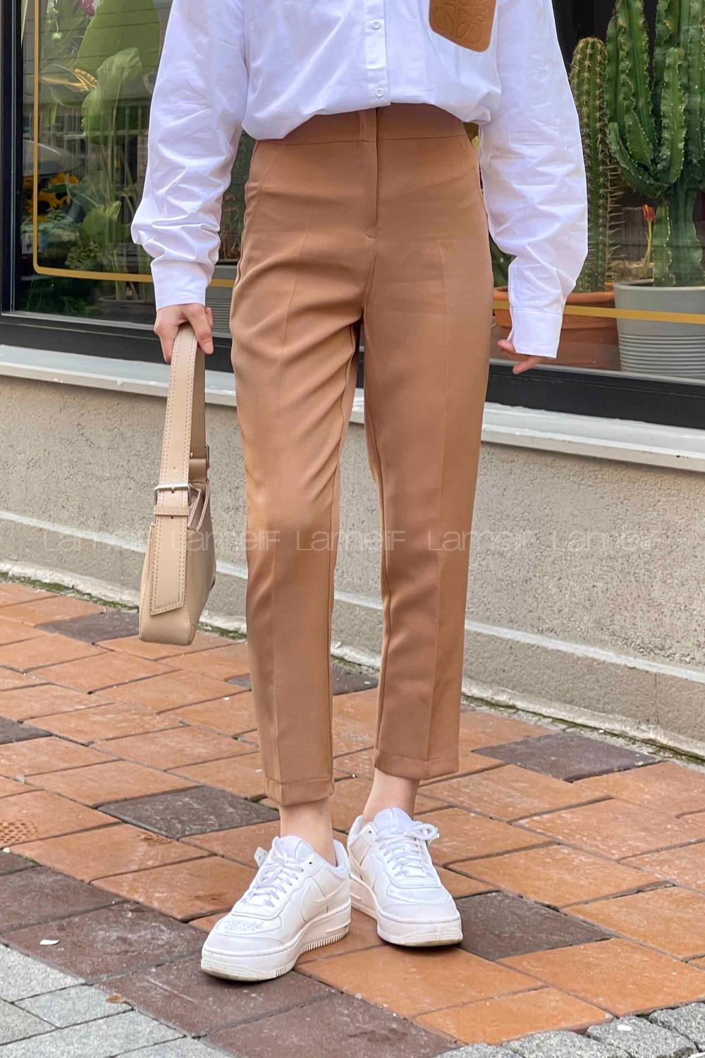 Lamelif Yüksek Bel Gizli Fermuarlı Pantolon Camel