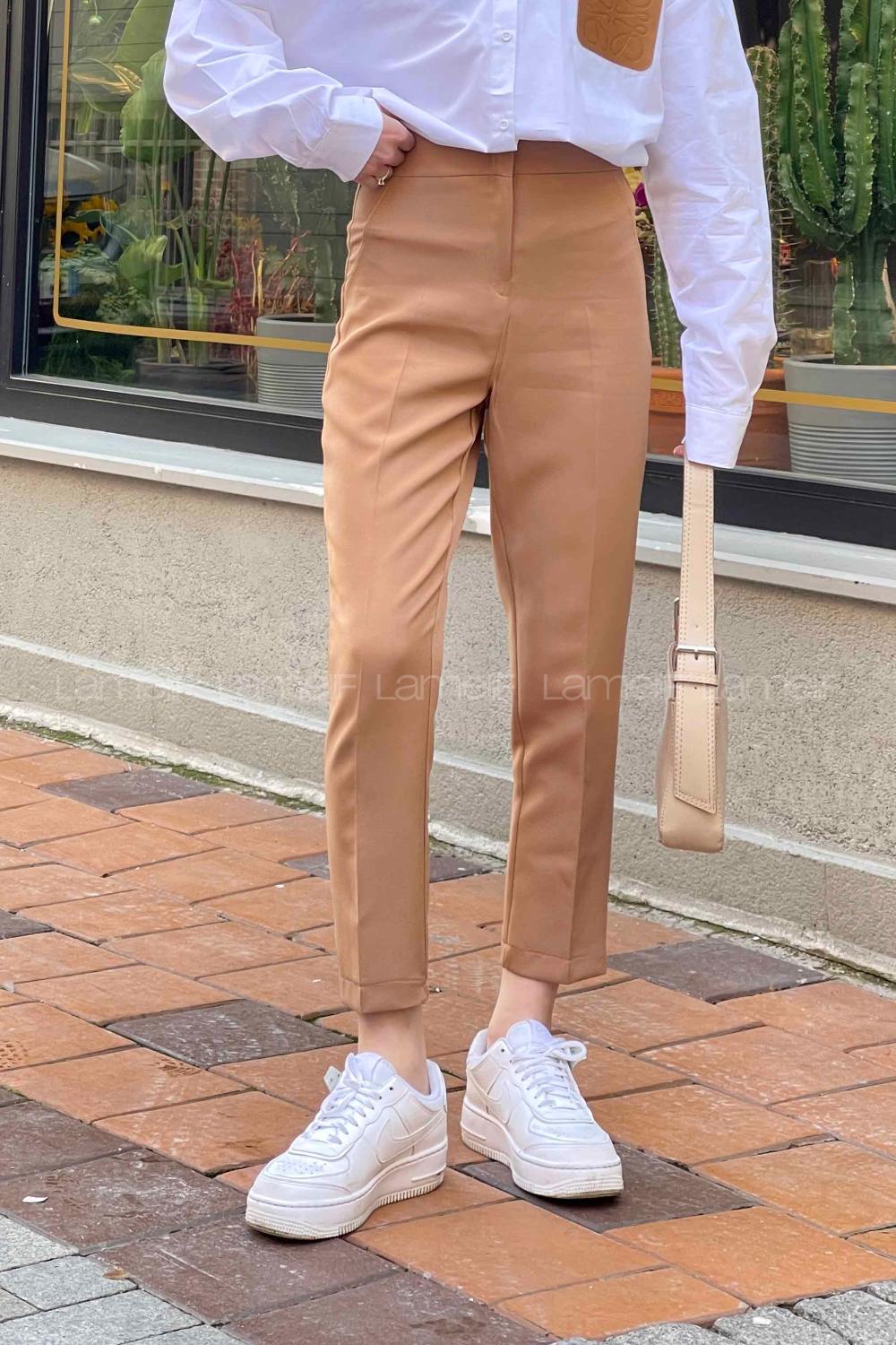 Lamelif Yüksek Bel Gizli Fermuarlı Pantolon Camel