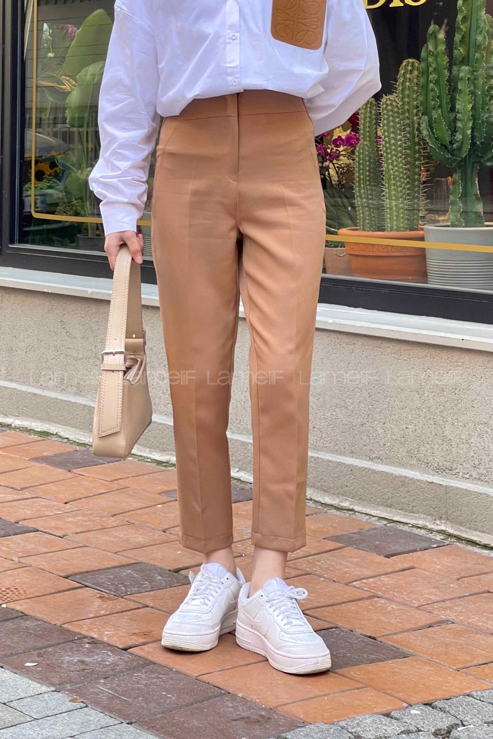 Lamelif Yüksek Bel Gizli Fermuarlı Pantolon Camel