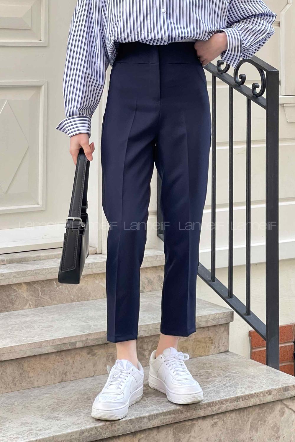 Navy Blue Cotton Fabric High Waist Comfortable Pants