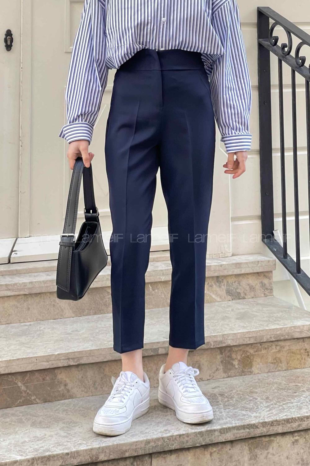 Navy Blue Cotton Fabric High Waist Comfortable Pants