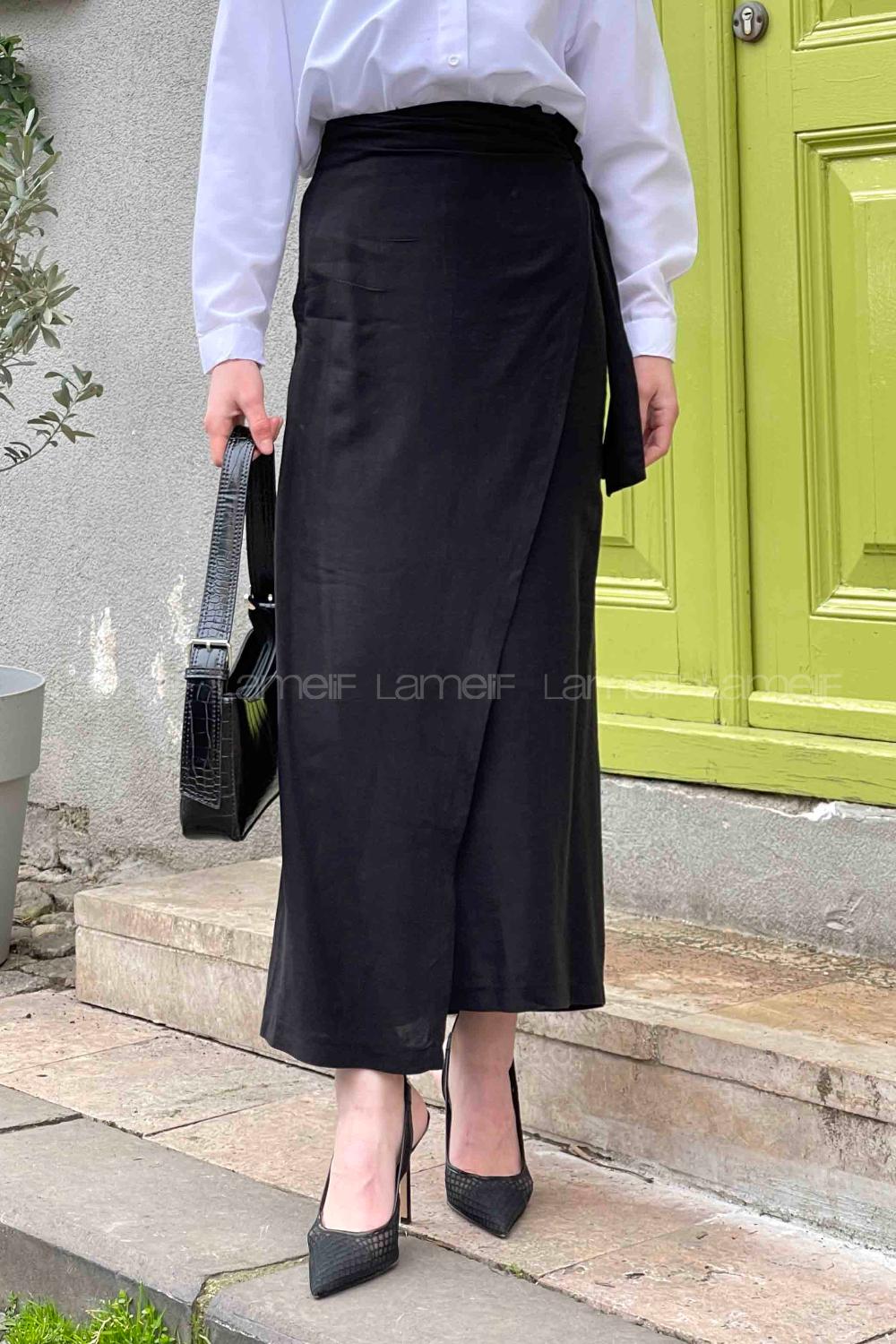 Lamelif Bağlamalı Keten Etek Siyah