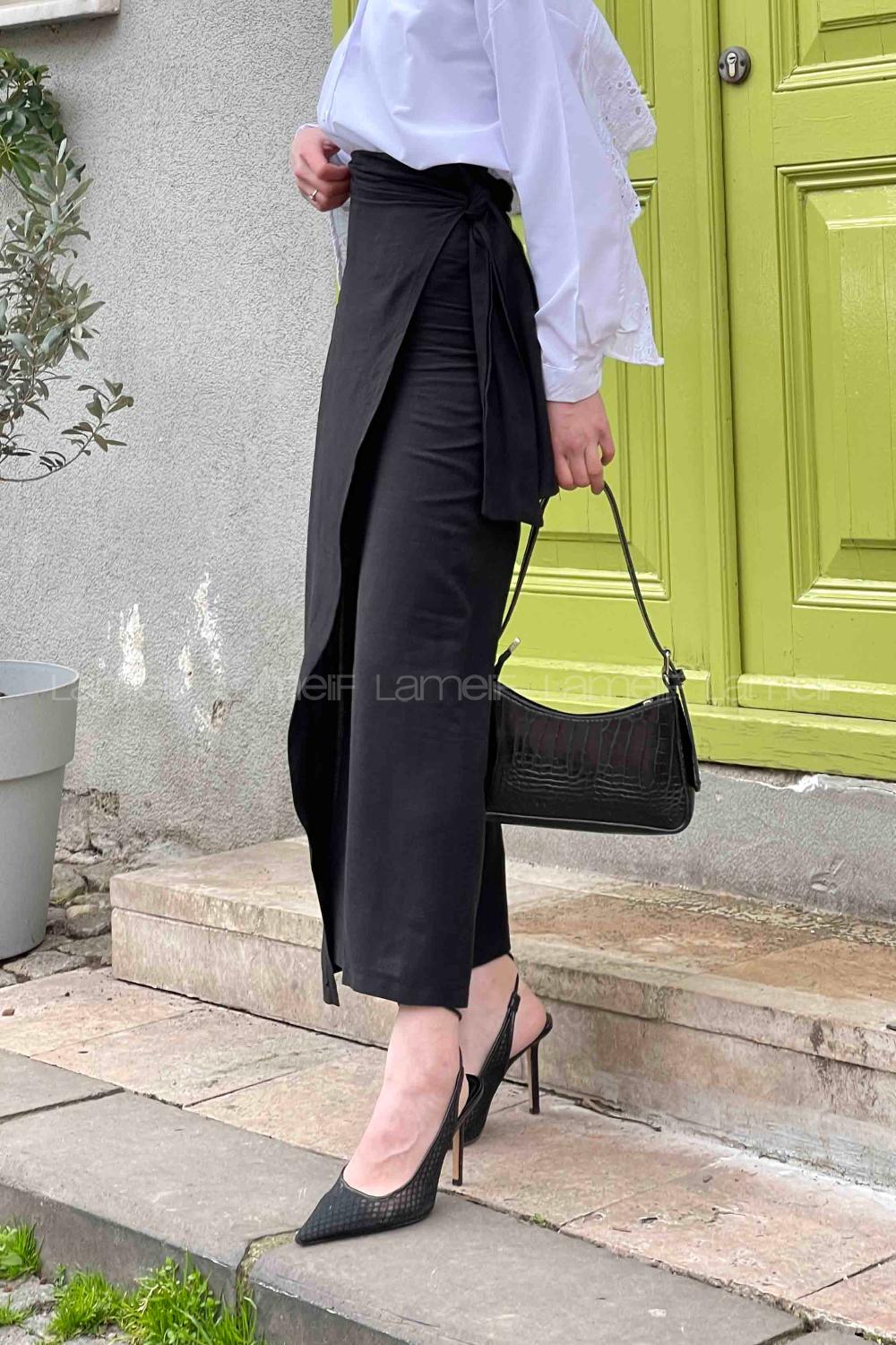 Lamelif Bağlamalı Keten Etek Siyah