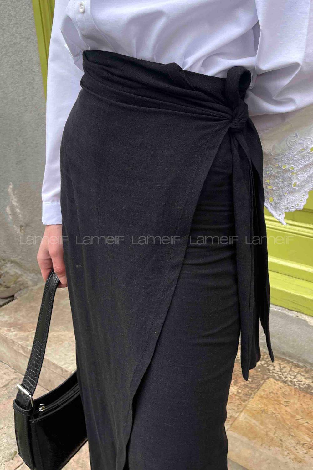 Lamelif Bağlamalı Keten Etek Siyah